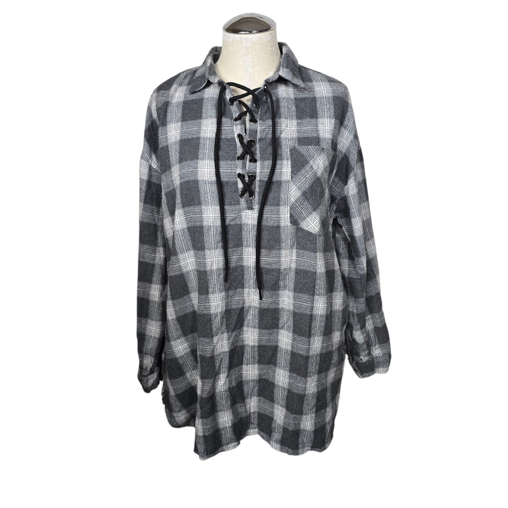 Crescent Gray White Plaid Lace Up Tab Sleeves Tunic S